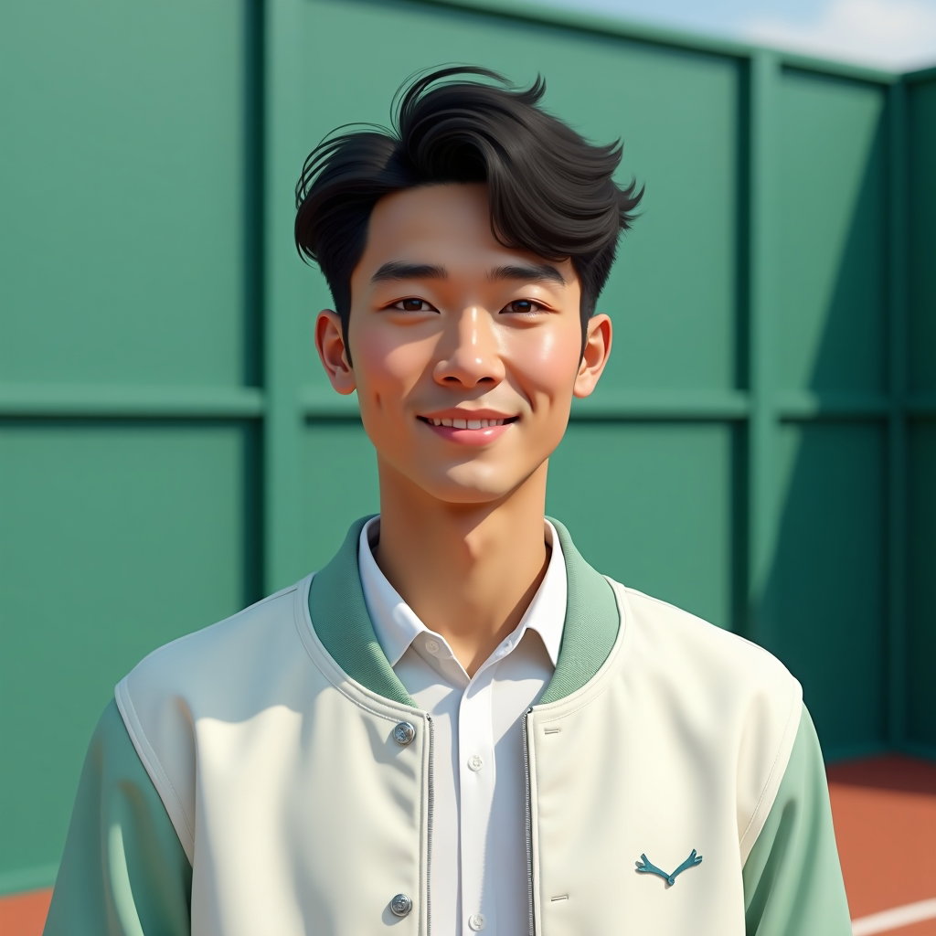 Simple Tenniscore Portraits That Avoid Looking Too Costume-Like example: Photorealistic profile photo. Tight avatar-friendly crop from the chest up with the face clearly visible, standing near