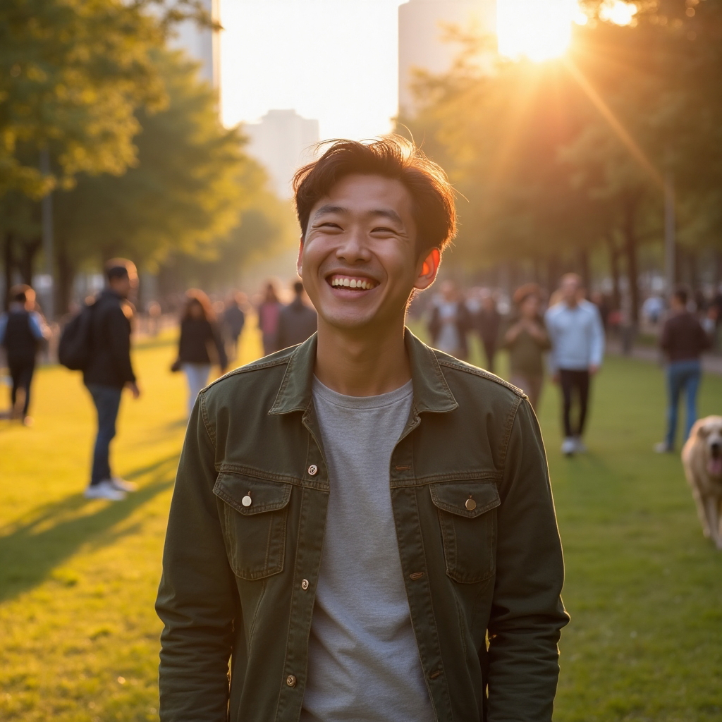 Tinder photo. Envision a high-resolution, detailed image capturing an engaging lifestyle activity. The scene is set in a vibrant, urban park during the golden hour, with warm, natural lighting enhancing the overall atmosphere. The subject is photographed using a DSLR, with a shallow depth of field to keep the focus sharp on the person and softly blur the surrounding environment. The camera angle is at eye level, giving a sense of connection with the viewer. It's a candid shot with the subject captured mid-laughter, creating a relaxed and inviting mood. The composition balances the person with the lively park scene, including people in the background, playing, chatting, or walking dogs.