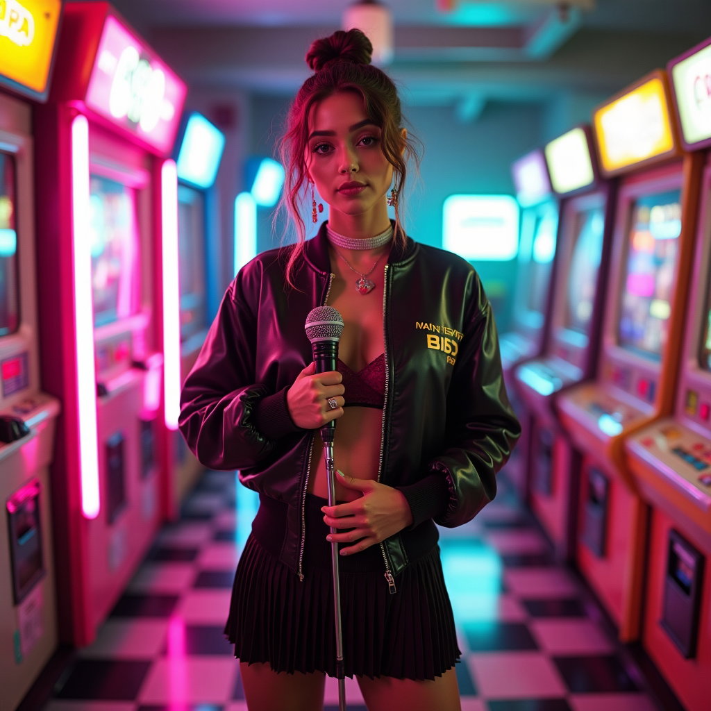 Retro Y2K Pop Princess Album Cover Photos example: Photorealistic Y2K pop album cover photo. Environmental portrait inside a retro mall arcade, face clearly shown while ho