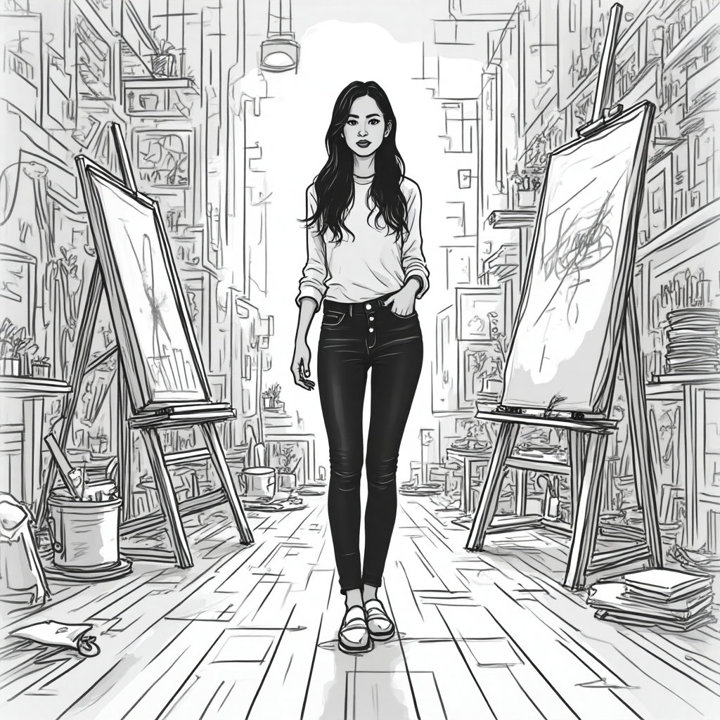 AI-generated photo: **Line Art** illustration featuring a person standing in a cluttered artist’s studio, surrounded by ...