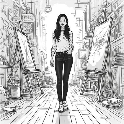 AI-generated photo: **Line Art** illustration featuring a person standing in a cluttered artist’s studio, surrounded by ...