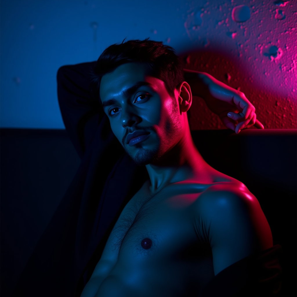 AI-generated photo: Photorealistic studio portrait. The subject reclines slightly against a dark, textured wall, one arm...