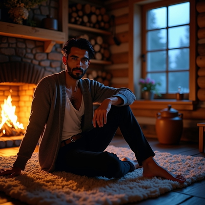 Photorealistic intimate lifestyle portrait inside a rustic mountain cabin at blue hour, subject seated on a textured wool rug by a stone hearth with one knee drawn up and an easy, self-assured posture, gazing directly at the camera with the face fully visible. Firelight provides a warm amber key while cool twilight from a small window paints a subtle rim, creating sensual color contrast and dimensional shaping. Cozy-luxe wardrobe—chunky knit drape, refined belt, slim dark trousers—keeps the look sophisticated and relaxed without veering into bedroom themes. Framing is low and slightly off-center with ember bokeh and tactile wood grain, stacked logs, and iron tools enriching a tasteful, adult-oriented mood.