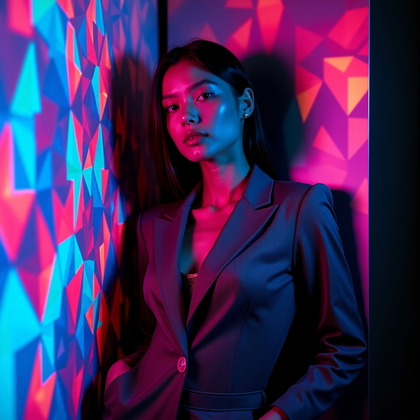 AI-generated photo: Photorealistic neon editorial portrait photo employing a kaleidoscope polygon gobo gelled neon-azure...