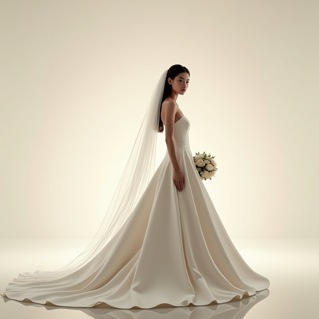 AI-generated photo: Photorealistic high-end bridal editorial photography; full-length vertical frame on a seamless cream...
