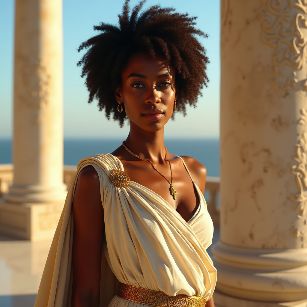 Solo Sunlit Marble Demigod Headshot example: Photorealistic Greek myth hero portrait photography. Half-body portrait on a marble terrace with the subject turned slig