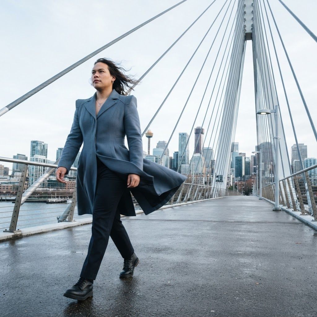 Sculptural Coat on a Windy Bridge: Realistic low-angle, full-length photo on an empty cable-stayed pedestrian bridge.