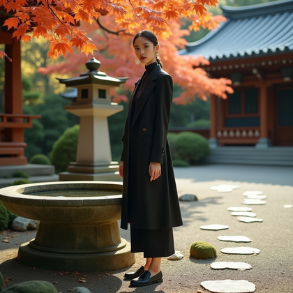 AI-generated photo: Photorealistic fashion portrait photography. A refined portrait in a temple garden during early autu...