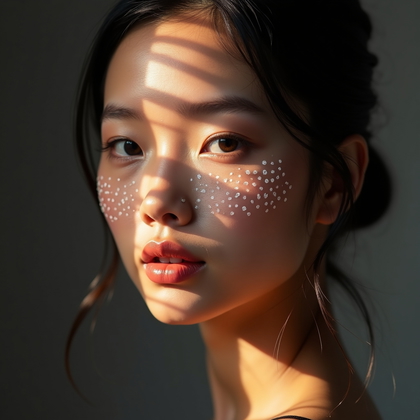 AI-generated photo: Photorealistic studio beauty portrait photo where point d’esprit dotted tulle is stretched taut in a...