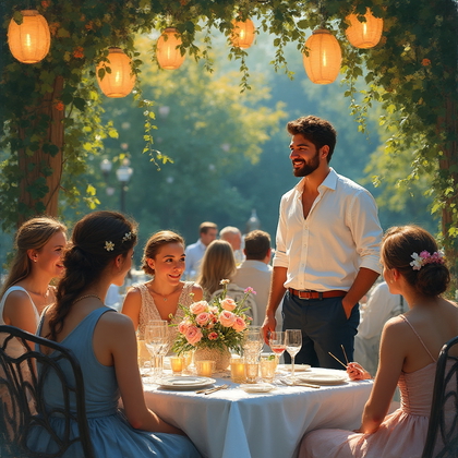 AI-generated photo: Impressionist painting. An intimate garden party setting in the late afternoon, where guests gather ...