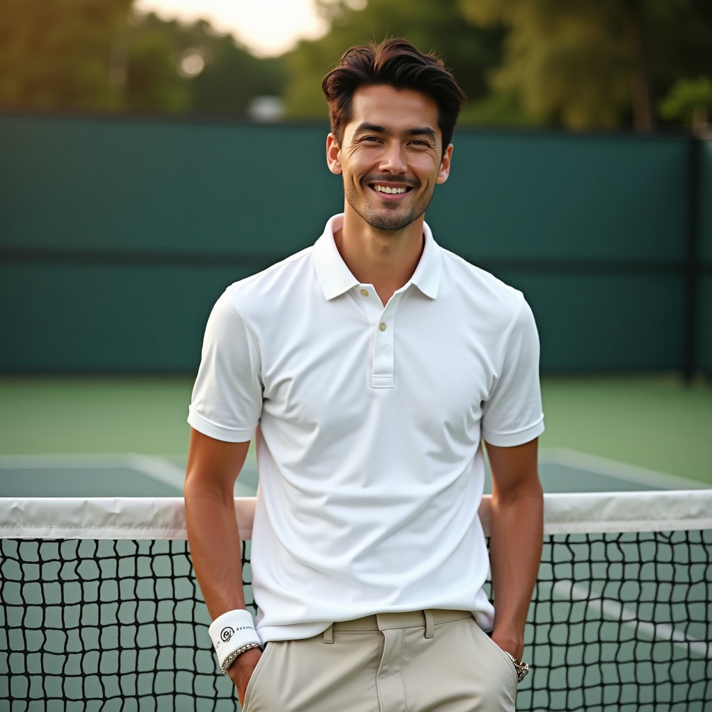 Simple Tenniscore Portraits That Avoid Looking Too Costume-Like example: Photorealistic lifestyle portrait photography. Half-body portrait leaning casually against a tennis court fence, face cl