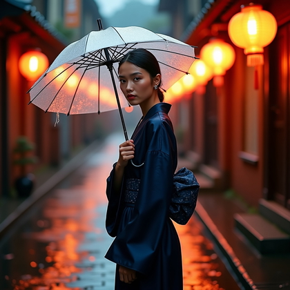 AI-generated photo: Fashion editorial photography, a dramatic rain-soaked festival fashion portrait featuring a transluc...