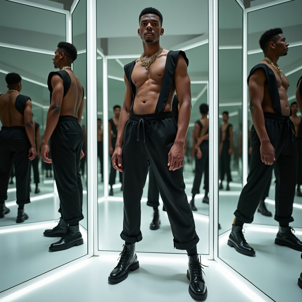 Full-Body Birthday Pose Ideas That Look Confident example: Photorealistic portrait photography. Unexpected creative birthday concept in a mirrored dressing room with multiple refl