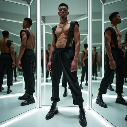 Full-Body Birthday Pose Ideas That Look Confident example: Photorealistic portrait photography. Unexpected creative birthday concept in a mirrored dressing room with multiple refl