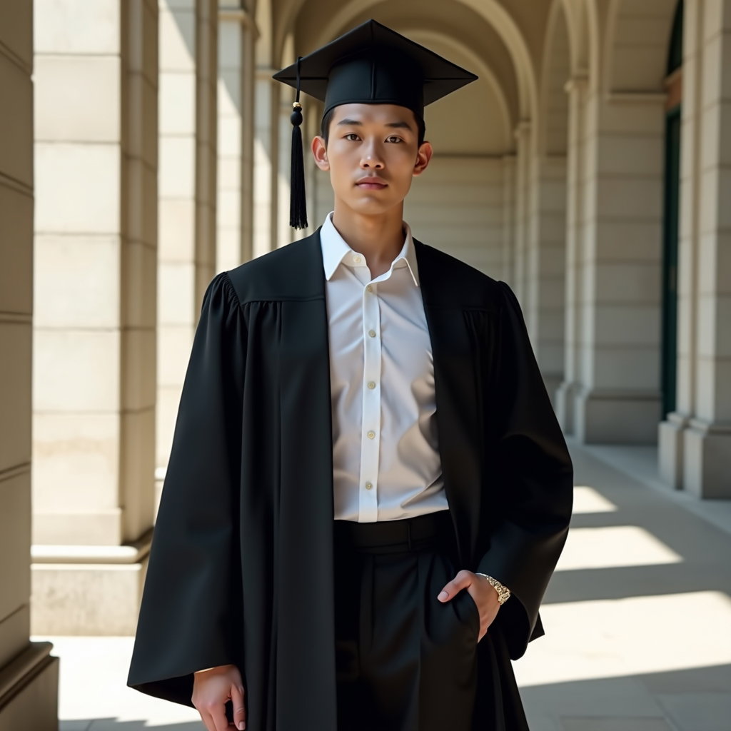 AI-generated photo: Photorealistic fashion portrait photography, an iconic cap-and-gown hero portrait staged in front of...