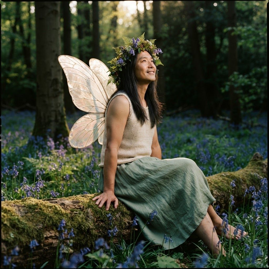 Woodland Fairy Among Wildflowers: Seated sideways on a mossy fallen log in a clearing of bluebells, wearing a flowing sage skirt, a woodland flower crown, and delicate…