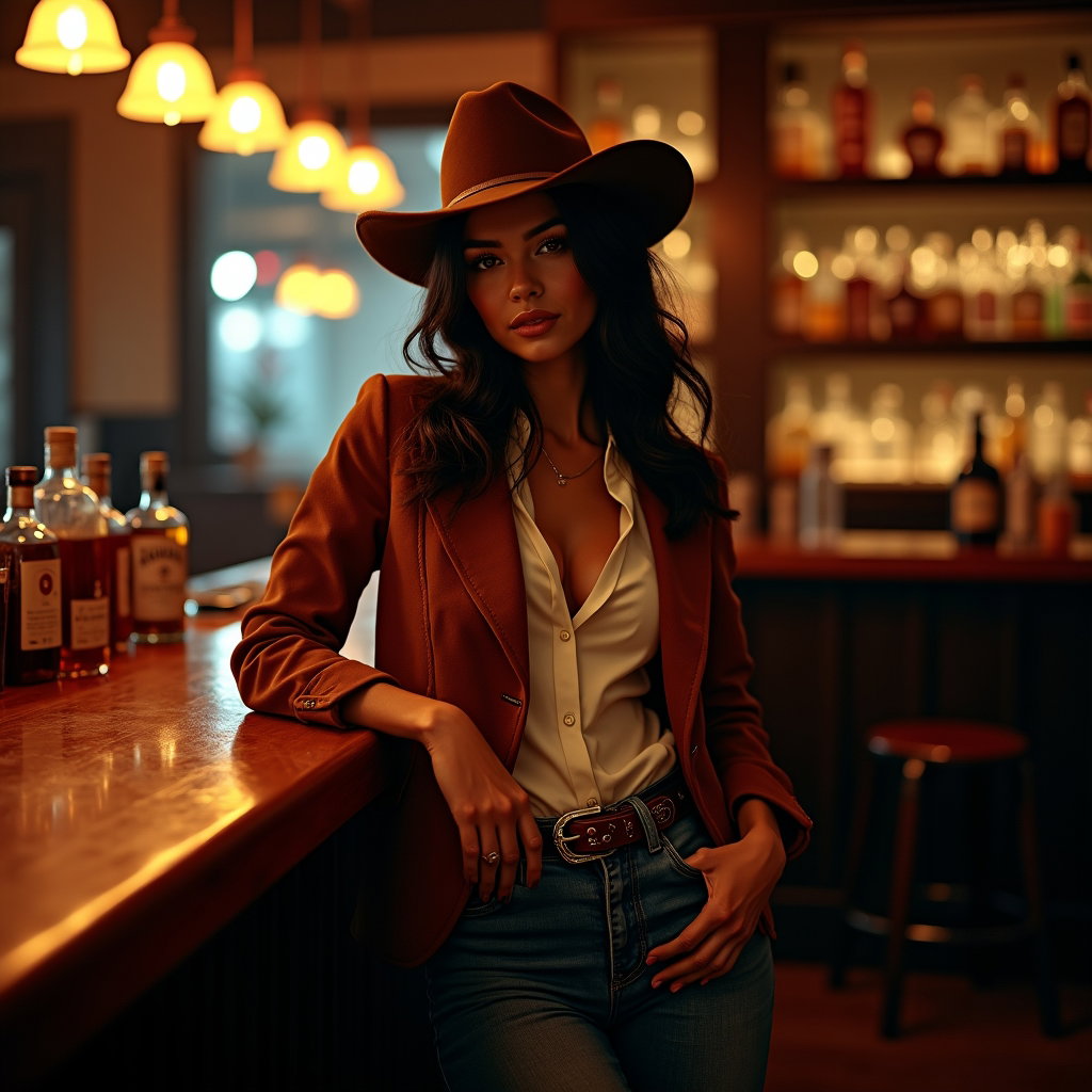 AI-generated photo: Photorealistic fashion portrait photography. After-dark saloon portrait with the subject leaning one...