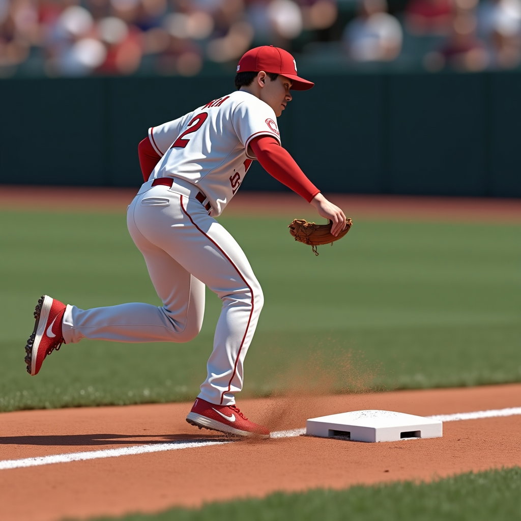 AI-generated photo: Photorealistic MLB action photograph: spidercam-style three-quarter overhead view of second base cap...