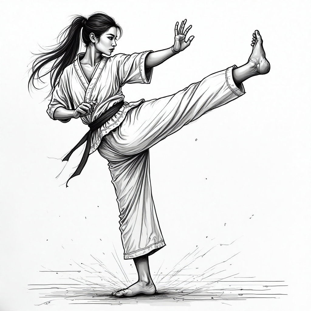 AI-generated photo: **Line Art Illustration.** This illustration portrays a person engaging in a dynamic martial arts po...