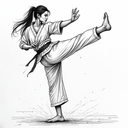 AI-generated photo: **Line Art Illustration.** This illustration portrays a person engaging in a dynamic martial arts po...
