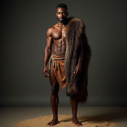 AI-generated photo: Photorealistic editorial studio photograph of a modern “caveman” look: subject in a weathered leathe...