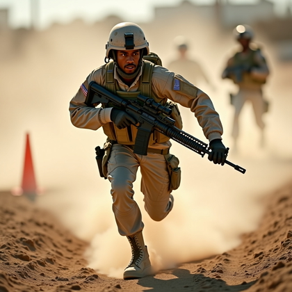 AI-generated photo: Photorealistic action photography. During a live movement-to-contact drill, a military member is cap...