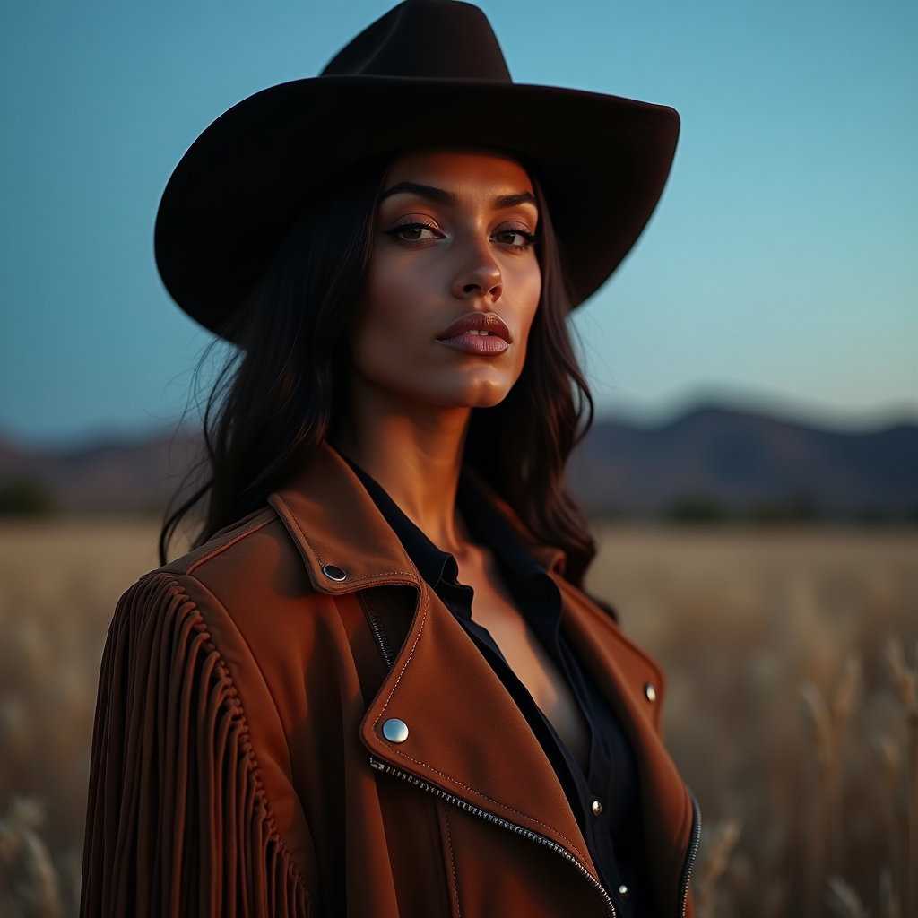 AI-generated photo: Photorealistic fashion portrait, a striking cowboy-inspired beauty portrait captured in a dry field ...
