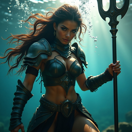 AI-generated photo: Photorealistic underwater fantasy warrior portrait photograph, framed from mid-thigh up, with the ch...