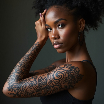 AI-generated photo: Photorealistic photography of a woman with an elaborate tribal tattoo design wrapping around her low...