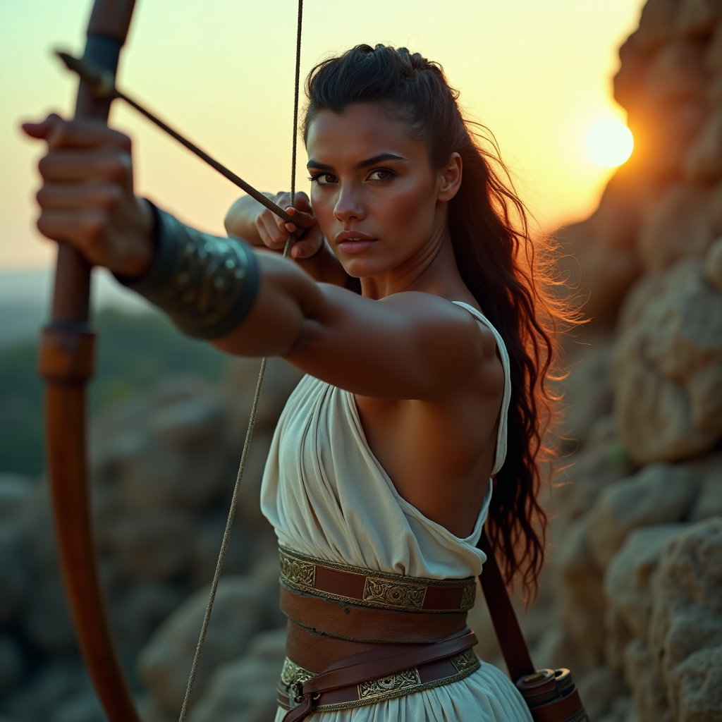 Solo Atalanta Huntress Action Portrait example: Cinematic Greek myth portrait photography. Half-body action portrait of a solo mythic archer drawing a wooden bow across
