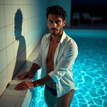 AI-generated photo: Photorealistic portrait photography. Dusk at an indoor pool, where shimmering water caustics reflect...