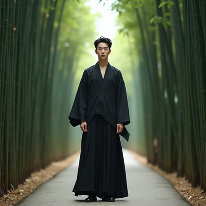 AI-generated photo: Photorealistic fashion portrait photography. The subject pauses on a narrow path through a bamboo gr...