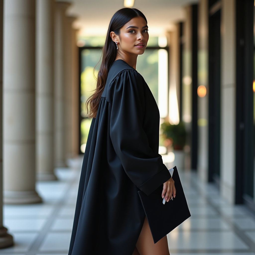 AI-generated photo: Professional fashion portrait photo, a sophisticated soft over-the-shoulder graduate look in a moder...