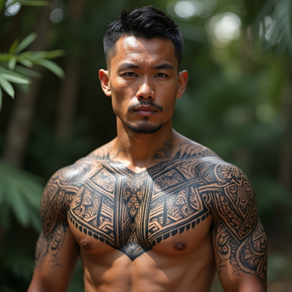 AI-generated photo: Photorealistic photography capturing a man with a traditional Polynesian-style tattoo on his chest a...