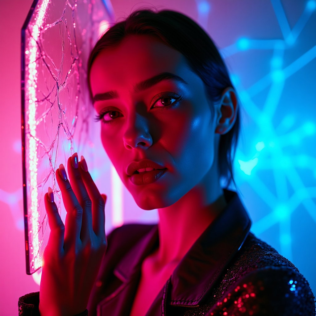 AI-generated photo: Photorealistic neon editorial portrait photo in a tight, face-forward crop with the subject angling ...