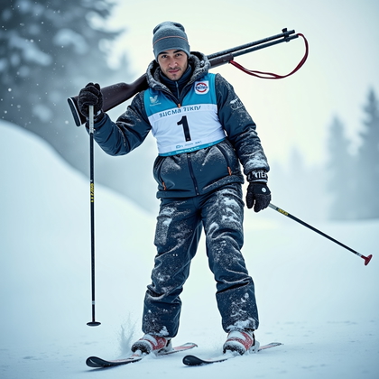 AI-generated photo: Photorealistic sports portrait photograph. A three-quarter portrait of a biathlete in full competiti...