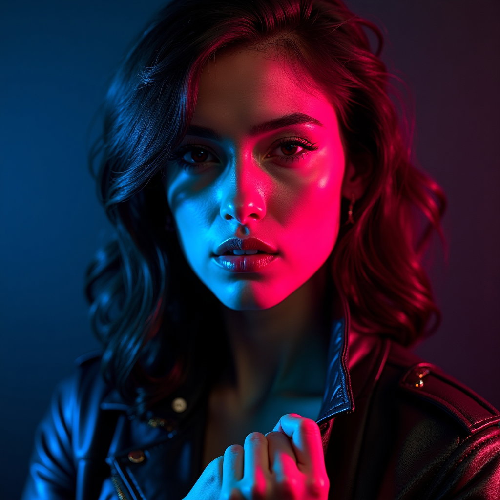 Rebellious Rock-Pop Album Cover Portraits example: Photorealistic rock-pop album cover portrait, tight close-up crop with the face fully visible, direct defiant stare, chi