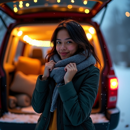 AI-generated photo: Photorealistic lifestyle portrait photo at a cozy winter tailgate, subject leaning against the back ...