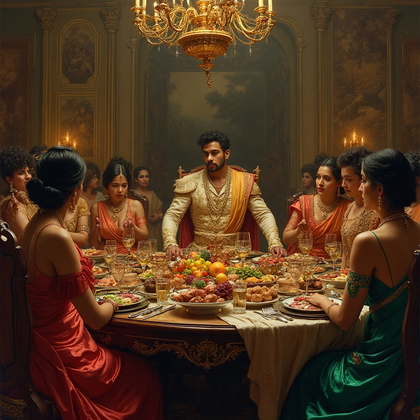 AI-generated photo: Baroque oil painting. An opulent royal feast takes place in a sumptuous dining hall, where an elabor...