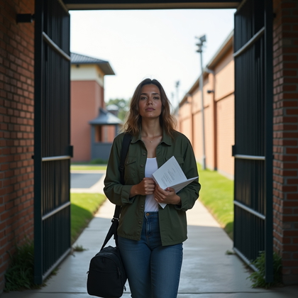 AI-generated photo: Photorealistic lifestyle portrait photograph at the prison entrance, the person centered in the fram...