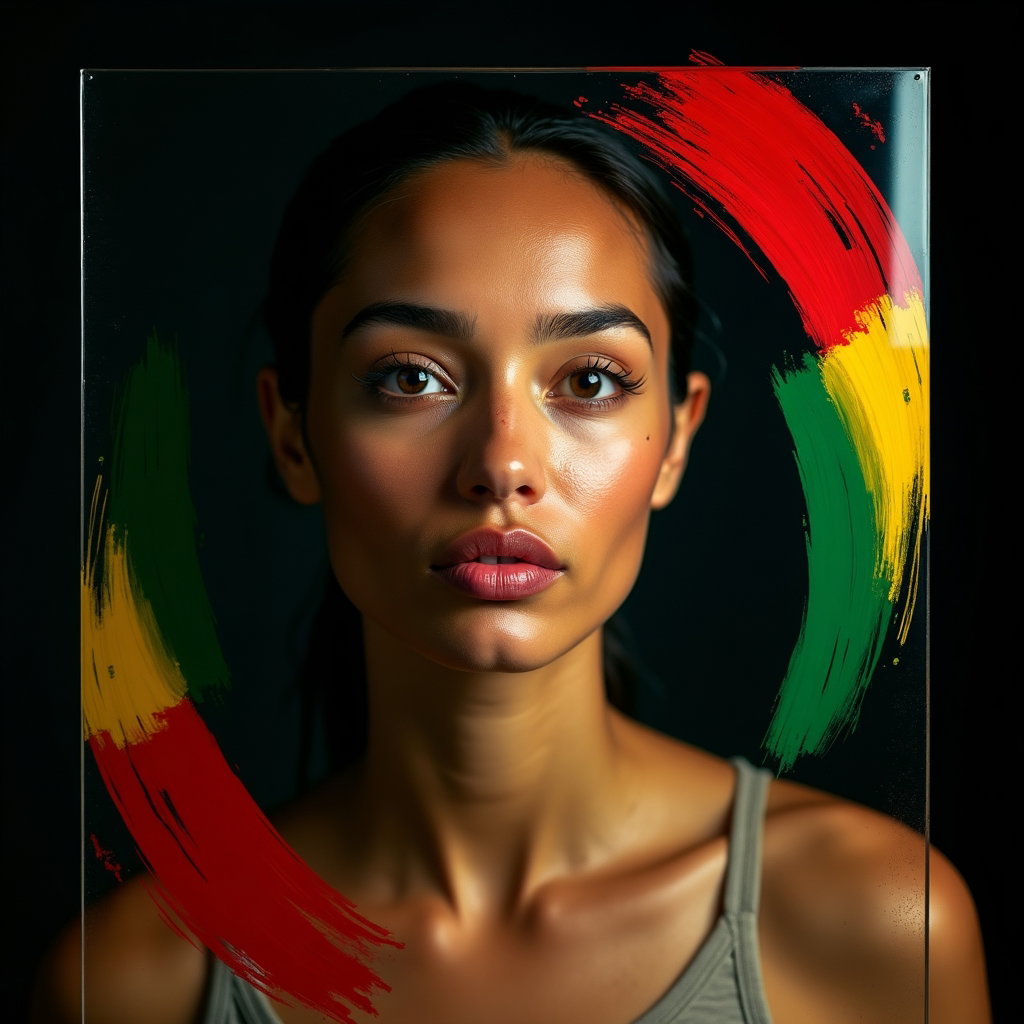 Bold Face-Paint Fan Portraits in National Colors example: Photorealistic creative studio portrait photography. Subject poses behind a transparent acrylic panel painted with sweep