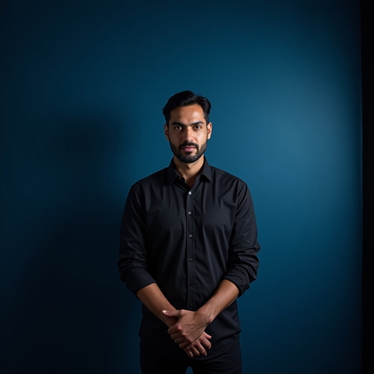 AI-generated photo: Photorealistic studio portrait photo set against a midnight blue seamless, the subject standing cent...