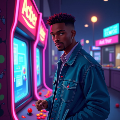 AI-generated photo: Cel-shaded key art illustration — neon arcade interior at night, subject stands three-quarter to cam...