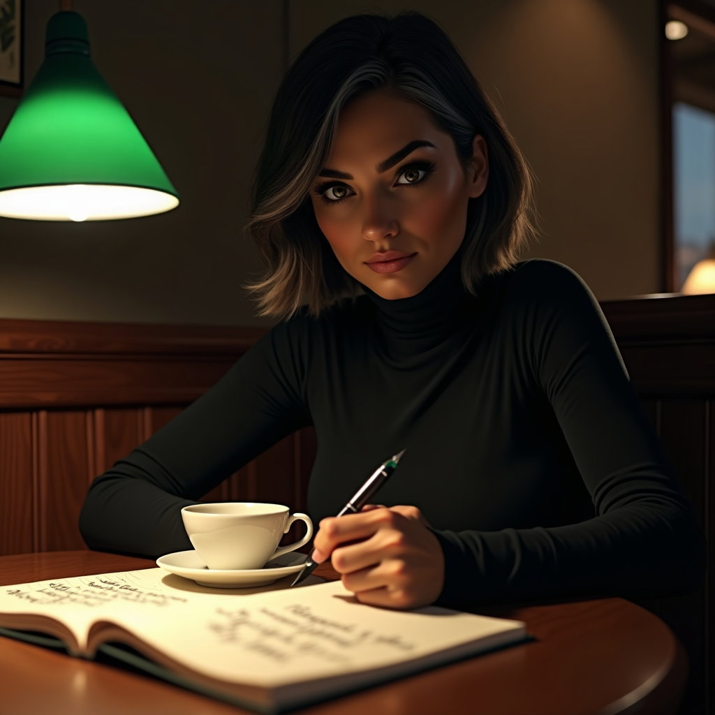 Coffee-and-Notes Corner: Low table-level portrait of one visible person in a shadowy café corner, wearing a dark turtleneck and holding a small espresso cup close to…