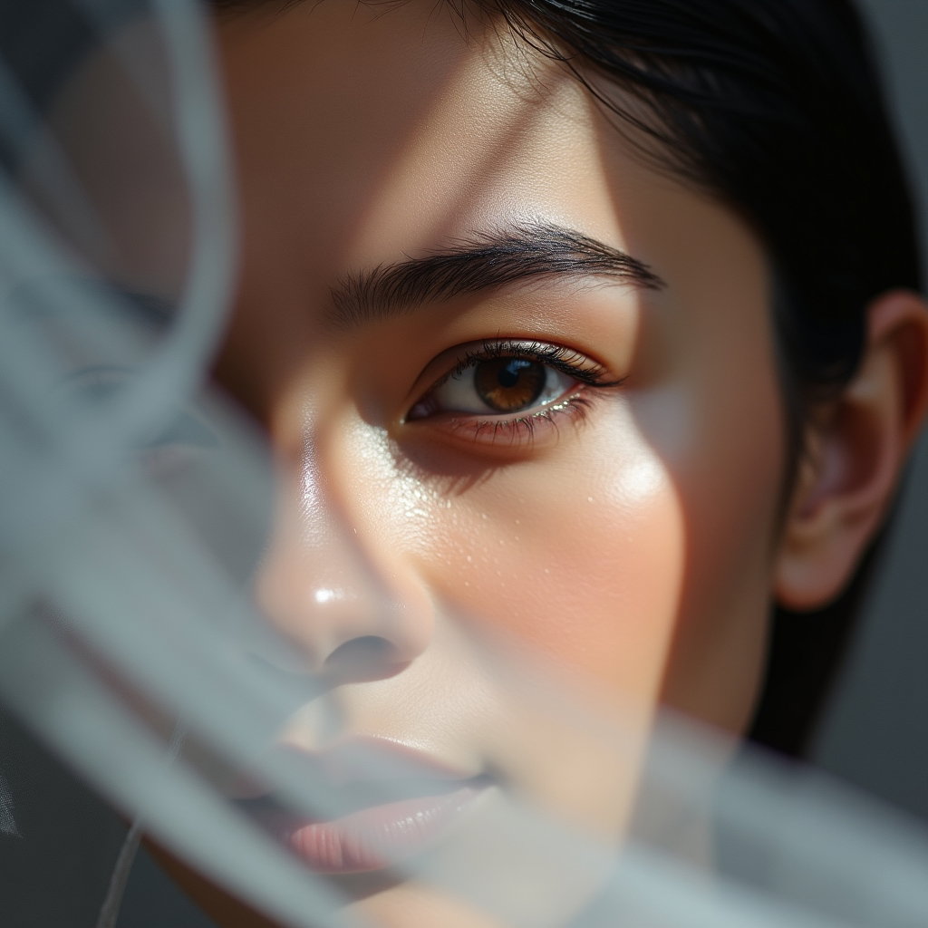 AI-generated photo: Photorealistic beauty photography. Ultra-tight crop capturing the eye and brow area partially obscur...