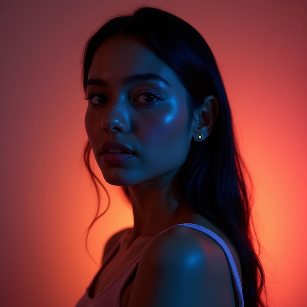 AI-generated photo: Photorealistic studio portrait. The subject is framed in a tight head-and-shoulders composition agai...
