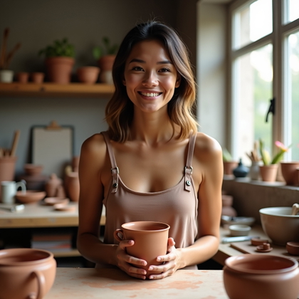 Dating profile photo, an environmental portrait in a sunlit ceramics studio, with the subject standing beside a worktable holding a finished handmade mug at chest level and smiling with quiet pride toward the viewer. Use tasteful creative-casual styling, earthy clay tones, soft natural light, neatly arranged tools in the background, and an approachable hobby-centered composition.