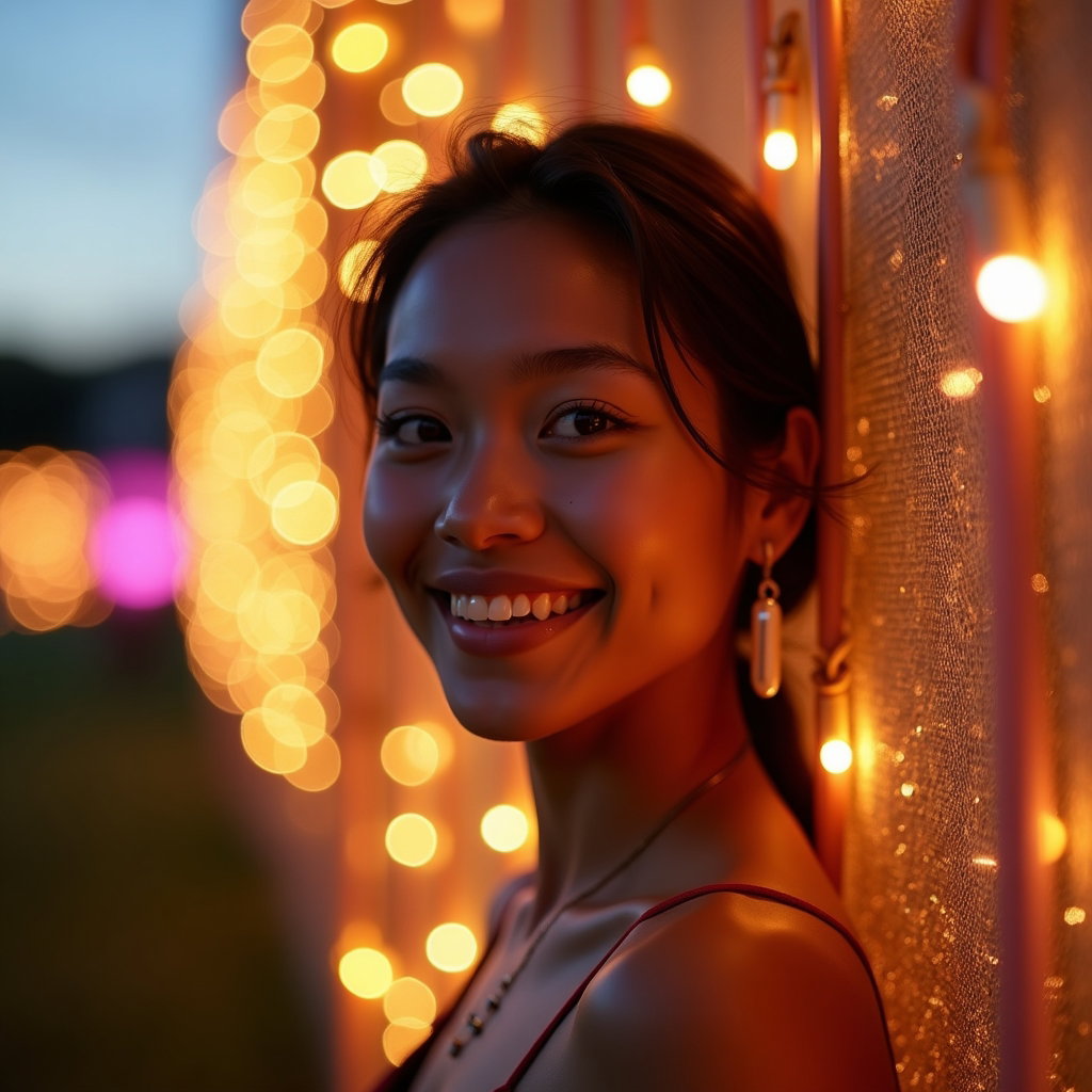 Golden Hour Festival Entrance Walk example: Photorealistic festival portrait photography. Tight social-avatar crop beside a glowing mesh fence decorated with small