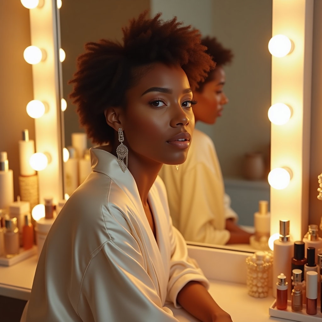 Glam Birthday Beauty Portraits for Makeup, Hair, and Details example: Photorealistic editorial portrait. Half-body seated vanity scene with the subject looking into the camera through a soft