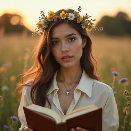 Wildflower Crown Poet Portrait in Golden Hour Light example: Photorealistic poetcore portrait photography. Close-up portrait with a handmade wildflower crown, an open poetry book he